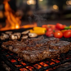 Grilled Steaks on Fire with Colorful Vegetables
