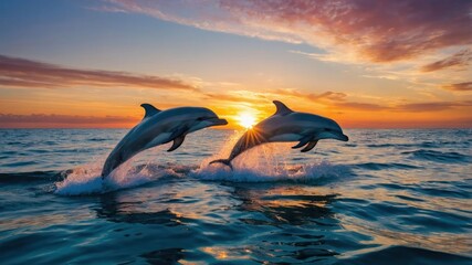 Fototapeta premium Two dolphins leaping over ocean waves at sunset, creating a serene and vibrant scene.
