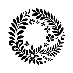 Black and White Circular Floral Design: A stylized wreath featuring a variety of flowers, leaves, and decorative elements, presented on a pure white backdrop.