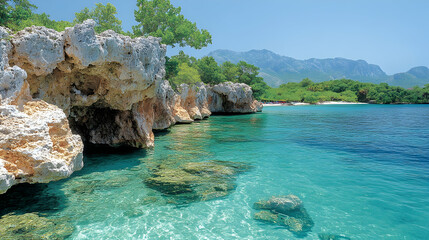 Clear turquoise waters meet rocky cliffs and lush trees under a bright blue sky with distant mountains completing the s