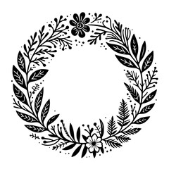 Elegant black and white floral wreath illustration, featuring detailed botanical elements like leaves, flowers, and berries, arranged in a circular composition on a clean white background, with a focu