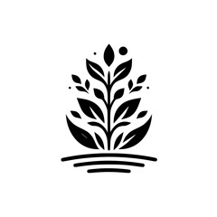 A stylized, minimalist illustration of a plant with layered leaves, rendered in solid black against a pristine white background, giving a feeling of growth.