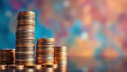 Stacked coins ascending, blurred background showing growth,  bull market, business