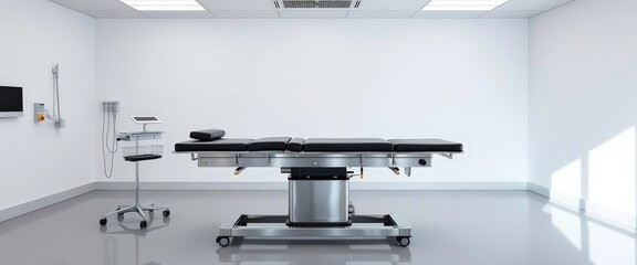 Stainless steel autopsy table in a stark, empty room, ready for examination, mortician, metal