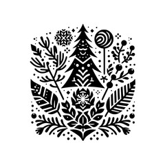 Stylized Black & White Christmas Illustration Featuring a Central Fir Tree, Surrounded by Festive Elements and Delicate Foliage, Emphasizing a Clean, Decorative Design.