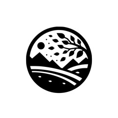 Minimalist circular landscape design: Mountains, tree, sun, and flowing lines rendered in bold black and white, creating a tranquil natural scene.