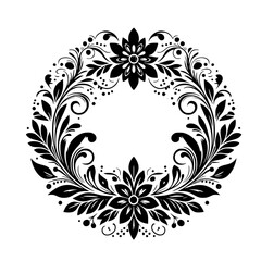 A symmetrical black and white floral wreath design featuring detailed leaves, flowers, and delicate swirling patterns, perfect for various decorative applications.
