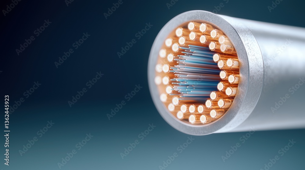 Poster close-up of a circular cable showcasing multiple fibers in a metallic casing, emphasizing technology