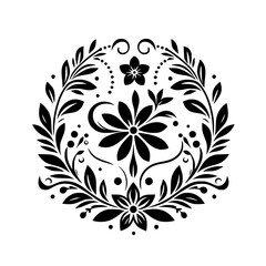 Intricate Black Floral Mandala Design: Symmetrical Composition with Stylized Flowers, Leaves, and Ornamental Elements on a White Background.