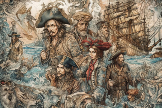 pirates, poster, group portrait, illustration., watercolor style, Generative AI