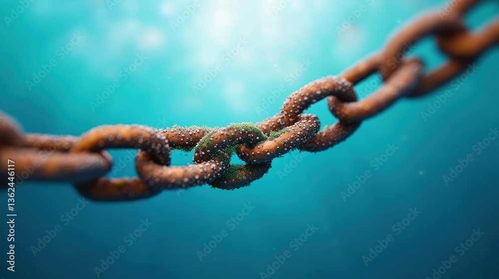 Poster rusty chain links submerged in water, showcasing texture and bubbles, creating a serene underwater e