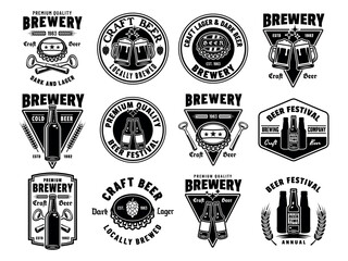 Beer and brewery set of vector emblems, labels, badges in monochrome vintage style isolated on white background