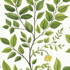 Botanical green leaf arrangement on white background forming soft natural pattern symbolizing growth environment purity and organic harmony in interior visual compositions