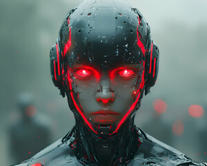 Cybernetic warrior with glowing red eyes in a dark, metallic suit
