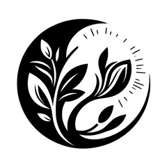 A minimalist black and white illustration featuring a Yin-Yang circle intertwined with plant life, including leaves and stylized plant elements, creating a harmonious design.