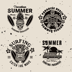 Fototapeta premium Surfing and summer vacation set of vintage emblems with tropical beach, waves, surfboards, palm trees, and sunsets. Perfect for t-shirts, and retro style designs