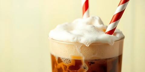 Straw submerged in thick, creamy root beer float, bubbles clinging to it, ice cream, beverage