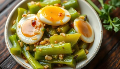 Stir-fried bitter melon with garlic & eggs, close-up, lunch, delicious food