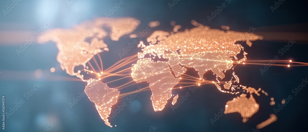 Poster a stylized world map with glowing connections, representing global communication and networking.