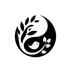 A stylized black and white Yin-Yang symbol featuring a white bird perched amid a tree with leaves, suggesting balance, harmony, and nature's equilibrium, within a circular frame.