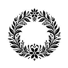 Intricate Black Floral Wreath with Delicate Leaves, Flowers, and Circular Symmetry Against a White Background, Elegant Botanical Design.