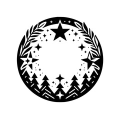 Intricate black and white linocut illustration of a festive circular design, featuring Christmas trees, stars, and foliage, evoking a sense of winter and celebration.