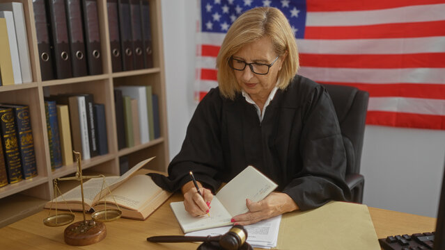 Woman judge takes notes in a courtroom with an american flag behind her desk with law books and a gavel in the united states