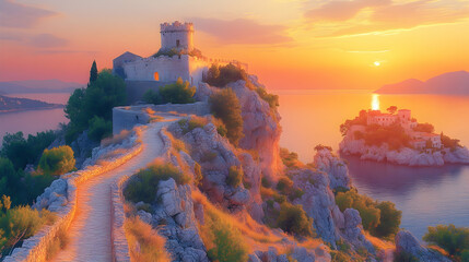 Fototapeta premium Coastal castle on a cliffside bathed in the warm glow of sunset overlooking an island with buildings over sea
