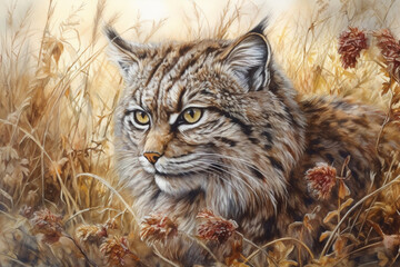 Obraz premium brown Siberian fluffy cat among the autumn grass in the field., watercolor style, Generative AI