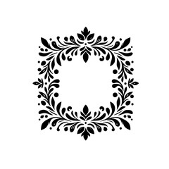 An Elegant Black and White Decorative Square Floral Border Design Featuring Symmetrical Leafy and Curvilinear Elements on White Background.