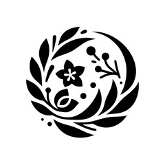 A symmetrical, minimalist botanical illustration featuring stylized leaves, flowers, and berries arranged in a circular composition.