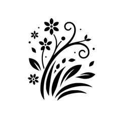 A stylized, minimalist floral arrangement in black on white, featuring symmetrical flowers, spiraling stems, and delicate foliage.