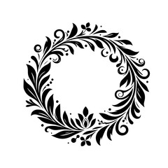 Elegant Black and White Floral Wreath Illustration: A symmetrical design of stylized leaves, tendrils, and floral elements forming a circular border on a clean white background.