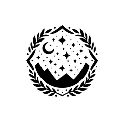 A minimalist black and white emblem featuring a mountainous landscape under a starry night sky, enclosed in a laurel wreath.