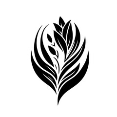 Elegant Black and White Botanical Illustration: A stylized floral emblem featuring symmetrical leaf arrangements and organic shapes.