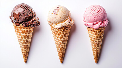 A delicious ice cream cone with a scoop of vanilla and strawberry topped with chocolate, placed on a white background for a refreshing summer treat