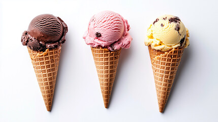 Delicious ice cream cone with vanilla, chocolate, and strawberry flavors topped with a wafer, perfect for a refreshing summer treat
