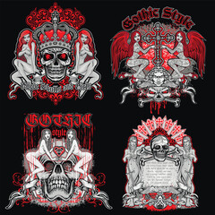 set,  gothic sign with skull, grunge vintage design t shirts