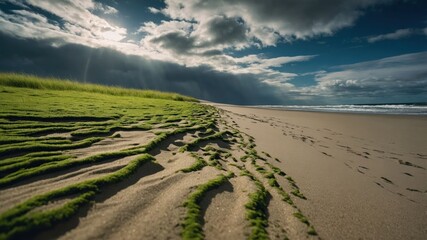 Fototapeta premium Serene beach scene with grass and sandy shoreline under dramatic clouds.