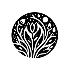 Monochromatic Floral Emblem: A Circular Composition of Stylized Leaves, Blossoms, and Sprigs, Surrounded by Dots and Droplets, Evoking Simplicity.