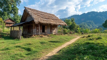 Obraz premium A traditional wooden house with a thatched roof on a rural farm pic