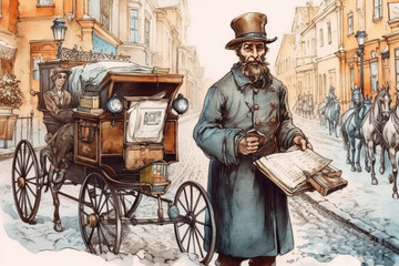 vintage postman in uniform delivers newspapers and letters., watercolor style, Generative AI