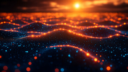 Obraz premium Digital landscape with glowing lines on a dark horizon under a vibrant sky