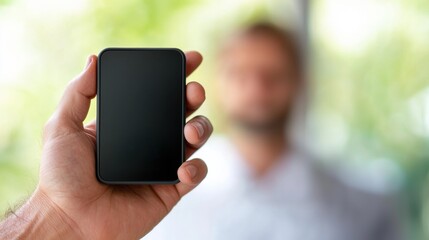 Hand holding a smartphone with a blurred background.