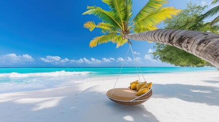 Obraz premium Luxury hanging swing chair on palm tree at tropical white sand beach, turquoise ocean water and clear blue sky, summer vacation and tropical island resort concept.