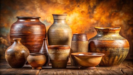 A collection of rustic earthenware pottery vessels in various shapes and sizes, displayed on a weathered wooden table against a warm, textured background.