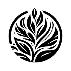 Stylized black and white botanical illustration of a central plant, enclosed in a circular frame, evoking organic growth, symmetry and minimalism.