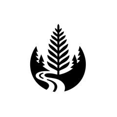 A minimalist black and white logo design depicting a pine tree and a winding road within a rounded silhouette, evoking nature.