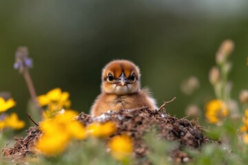 Fototapeta premium This adorable baby bird peeks out from its nest, surrounded by vibrant flowers, showcasing the beauty of new life in nature during the blooming spring season.