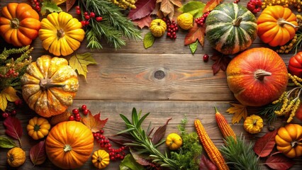 A festive autumn arrangement featuring pumpkins, gourds, corn, and fall foliage on a rustic wood background.